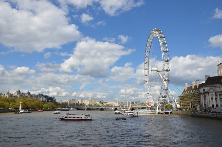 River Thames and the London Eye under mixed sun and clouds in winter