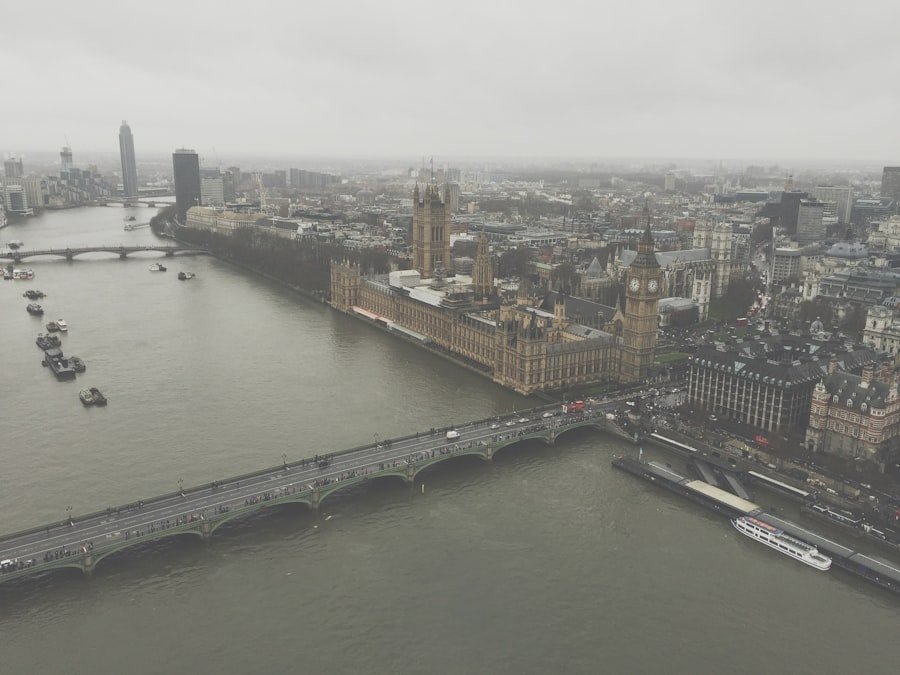 Person with umbrella walking in London during March rain