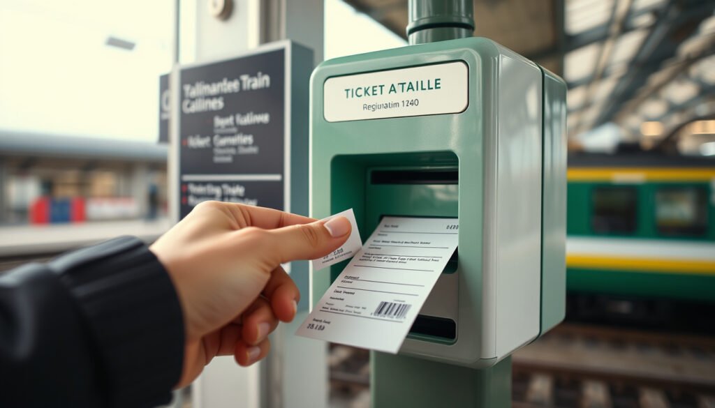 A traveler inserts a paper regional train ticket into a station validation machine in Italy.