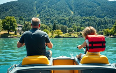 A family enjoys a pedal boat on Lake Biel, with leafy shoreline parks and the wooded Jura hills beyond.