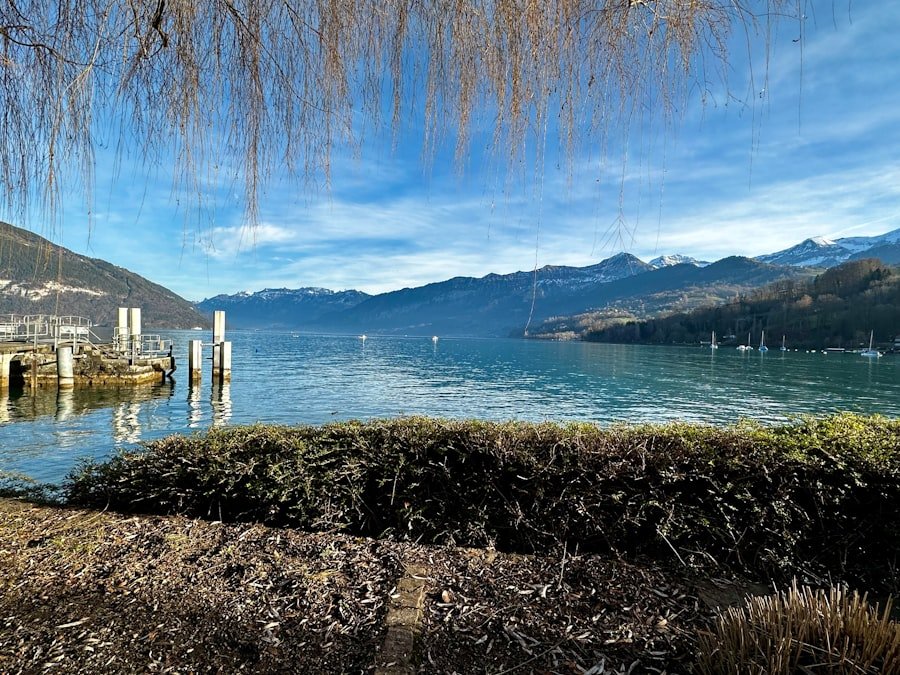 Strandbad Thun lakeside beach with swimmers, sunbathers, and mountain views in the background