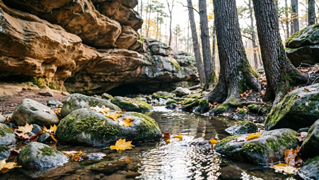 A shallow stream, mossy rocks, and sandstone shelter in Sipsey Wilderness autumn forest.