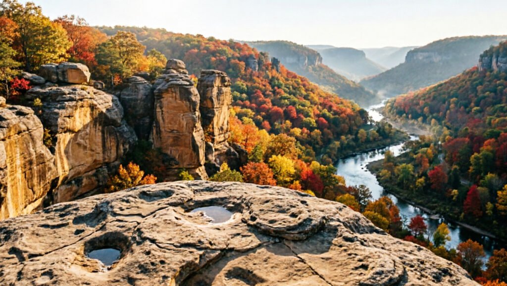 Autumn forest and sandstone cliffs surround the river below Little River Canyon’s west rim.