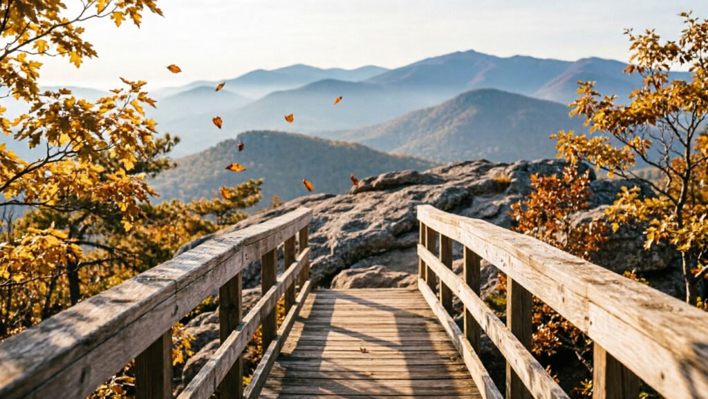 Bald Rock’s wooden boardwalk leads toward an autumn mountain overlook at Cheaha.