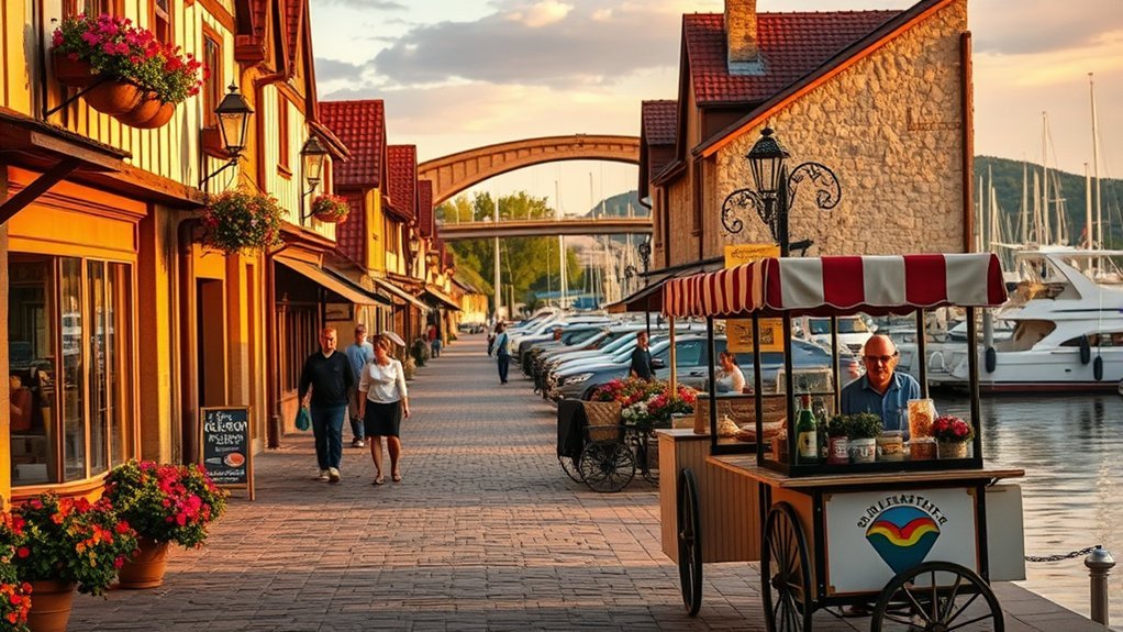 boutiques galleries shaded canalside stroll