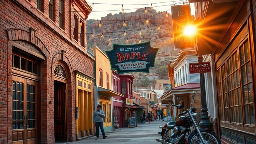 brick sidewalks painted facades