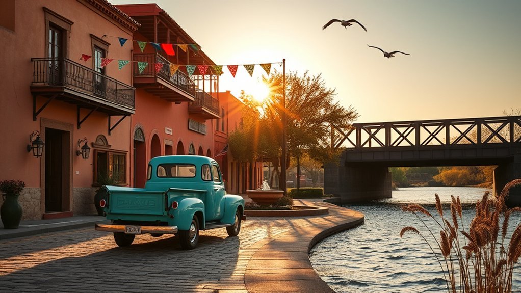 Colorful desert-town street and riverside views