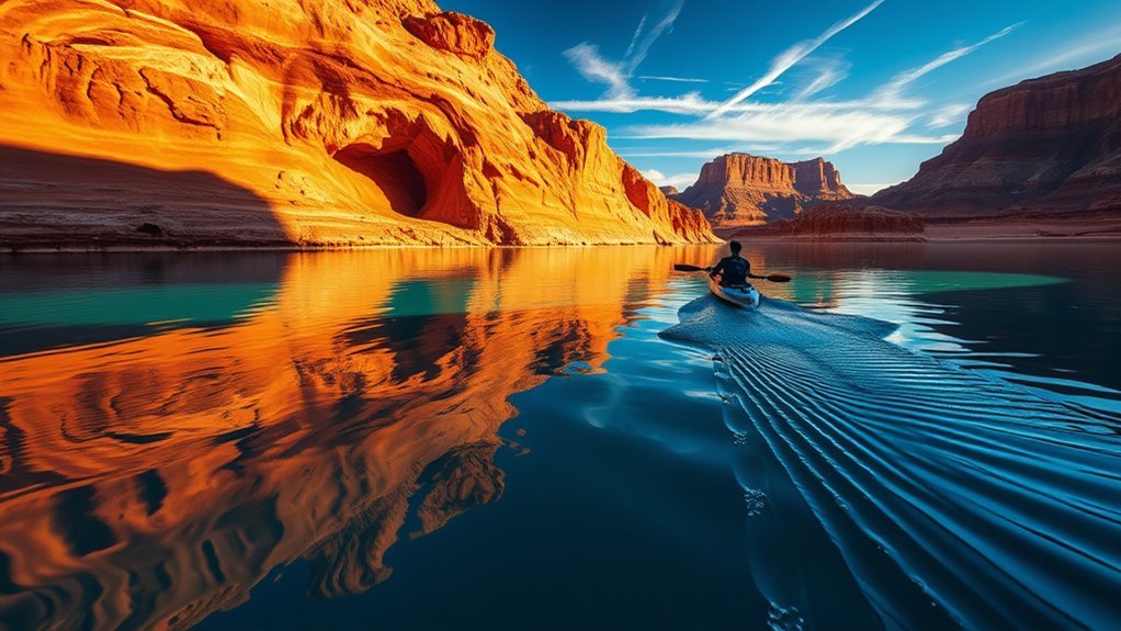 kayak beneath sandstone cliffs