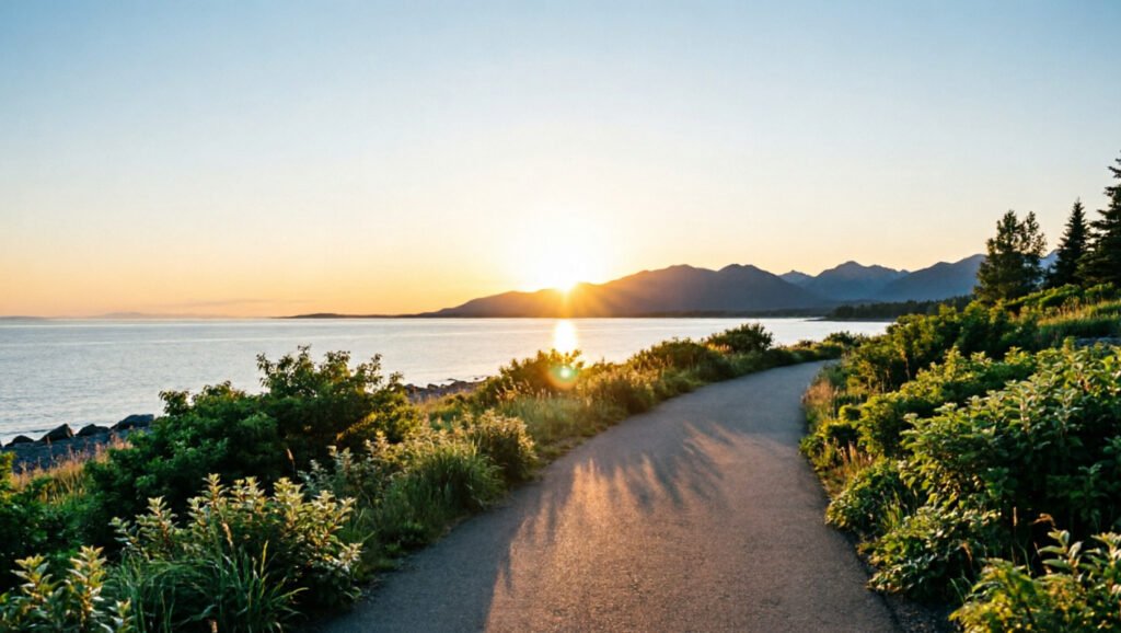 Low evening sun over Cook Inlet beside Anchorage’s coastal trail in June.