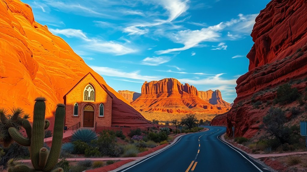 modern chapel carved into red rock
