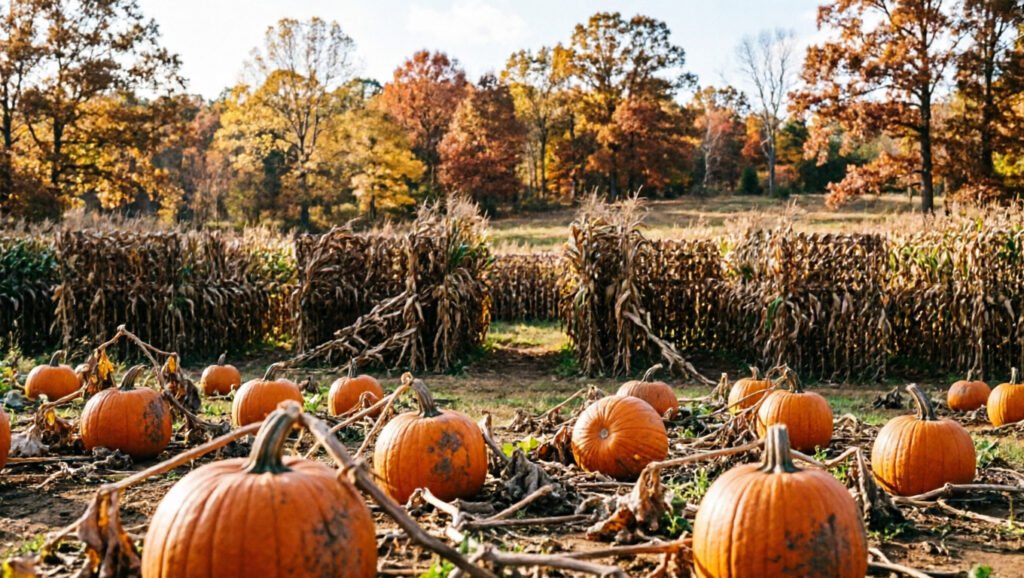 Orange pumpkins and a corn-maze entrance at an Alabama farm in autumn.