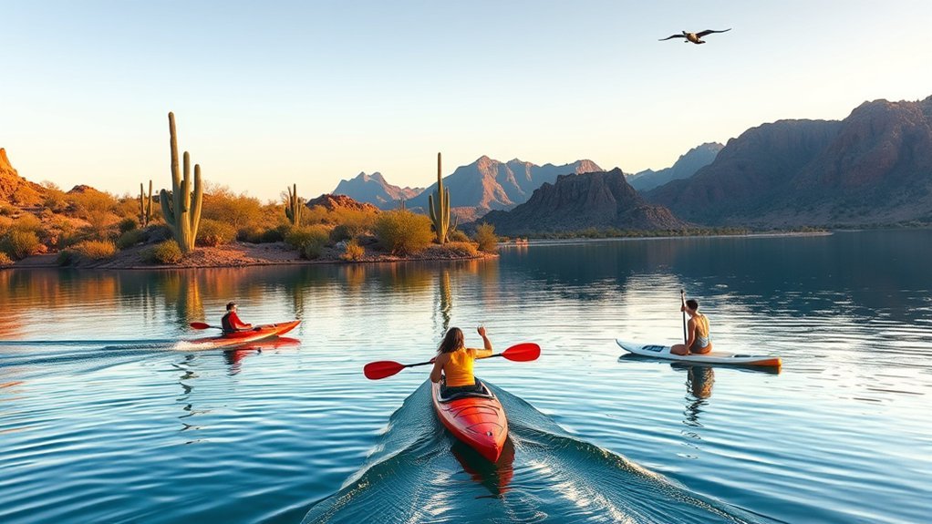 paddling among saguaro reflections