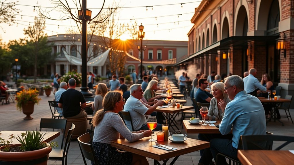 red brick elm shaded dining square