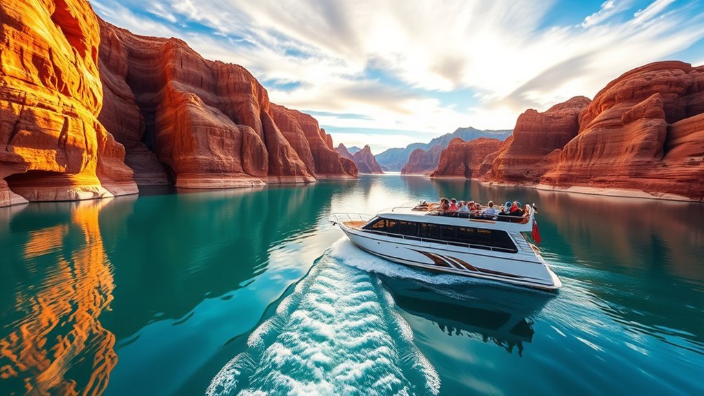 red rock cliffs glassy water