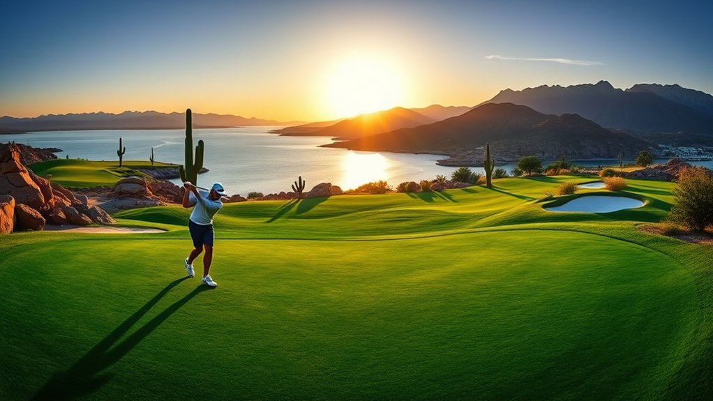 saguaro lined lakeside golf sunsets
