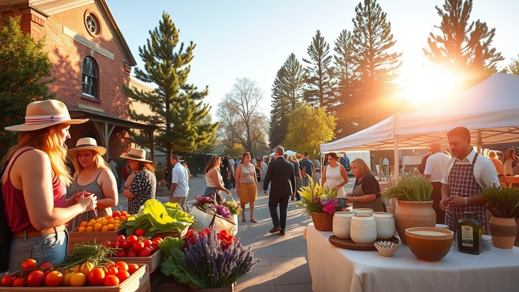 saturday sunlit farmers market stalls