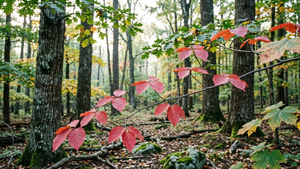 Scattered red dogwood leaves contrast with mostly green early-autumn woodland at DeSoto.