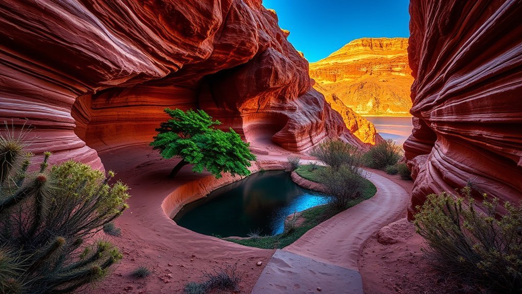 seep fed oasis beneath dam