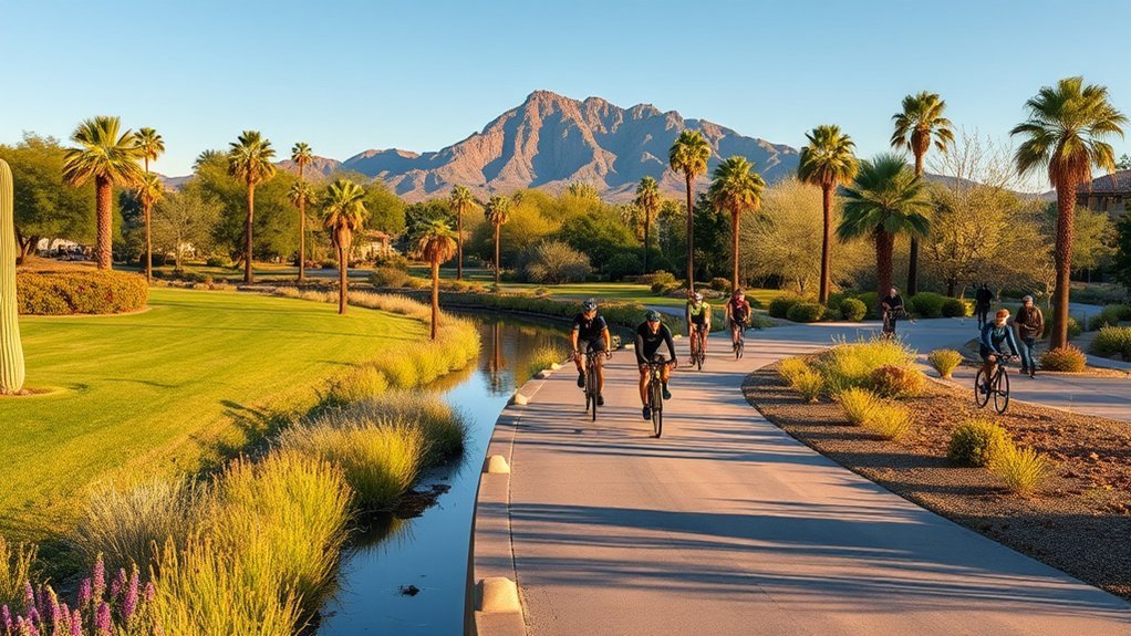 shaded lakeside urban bikeway