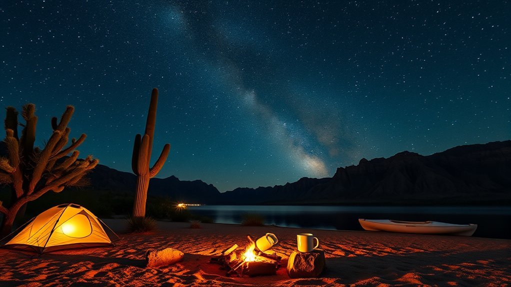 starlit lakeside desert camping