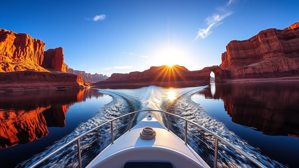 sunlit navajo sandstone boatscape