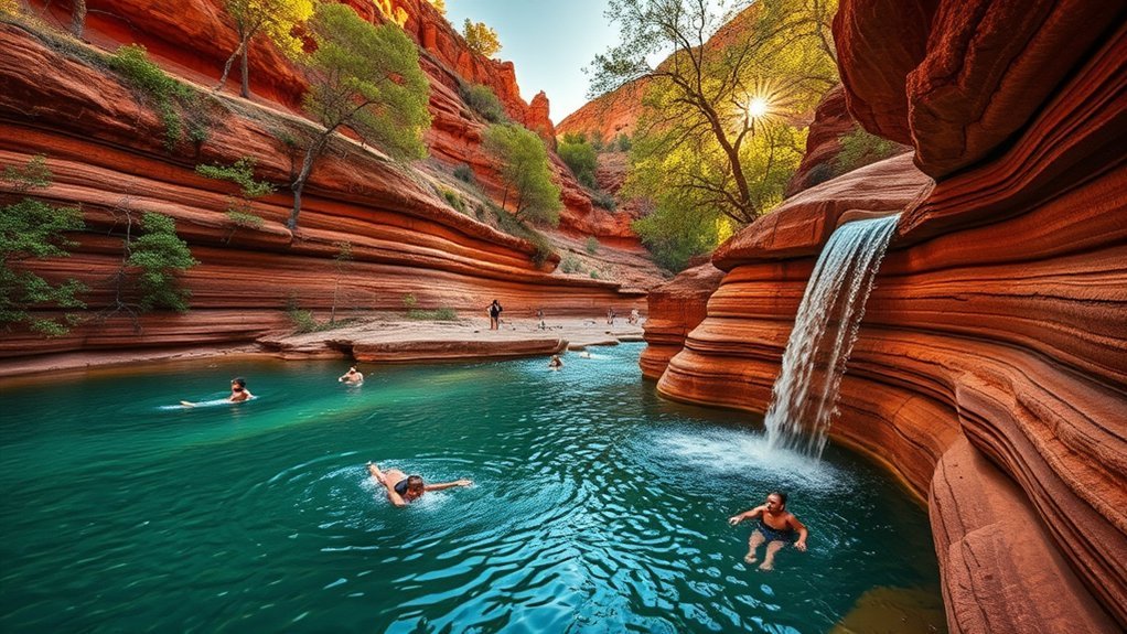 sunlit red rock creek slides