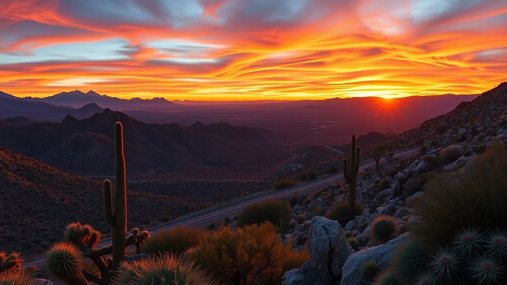sunset over saguaro ridgelines