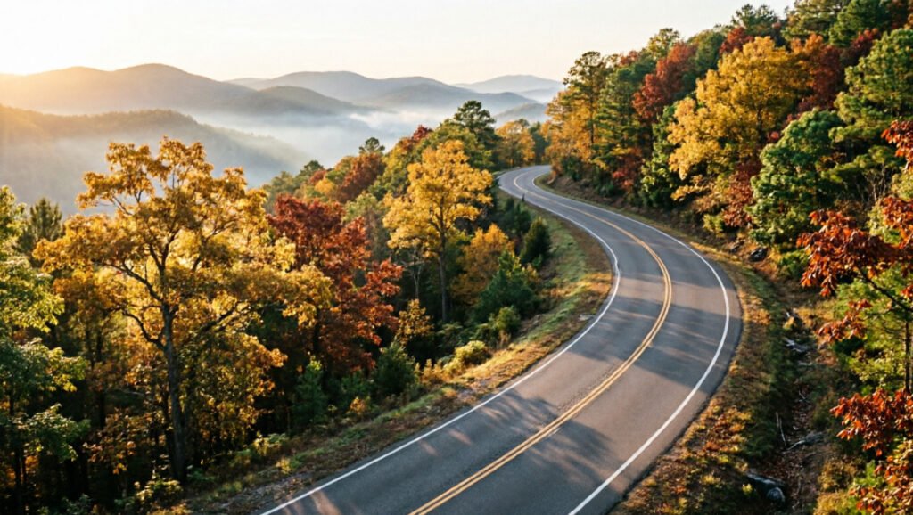 Talladega Scenic Drive curves through golden and rust-colored mountain forest.