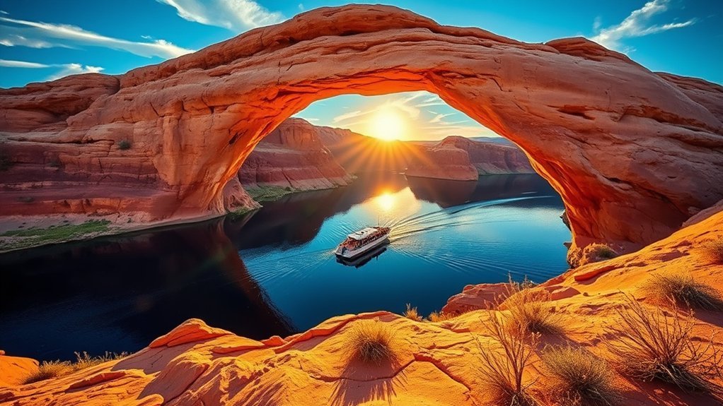 towering sandstone arch overwater