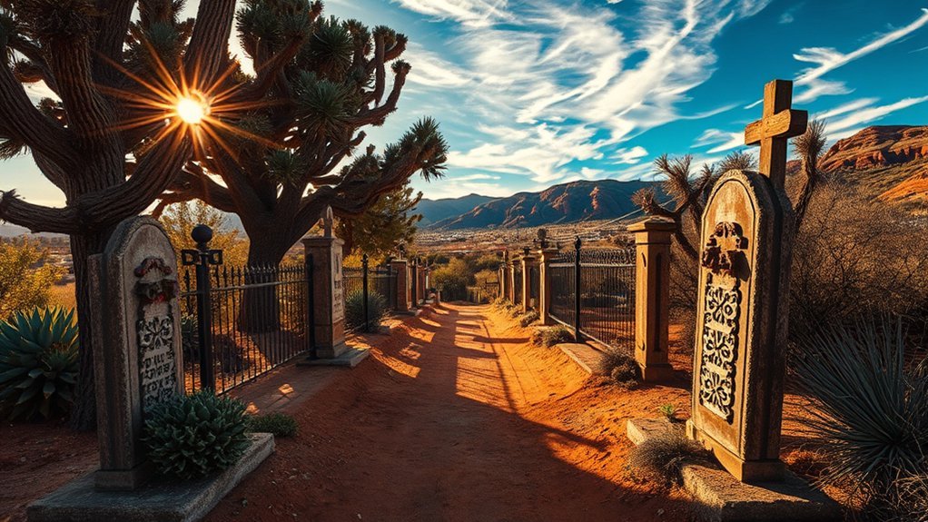 weathered graves overlook mining town