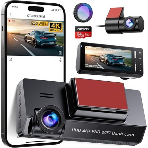 5GHz WiFi Dual Dash Cam with 64GB SD Card