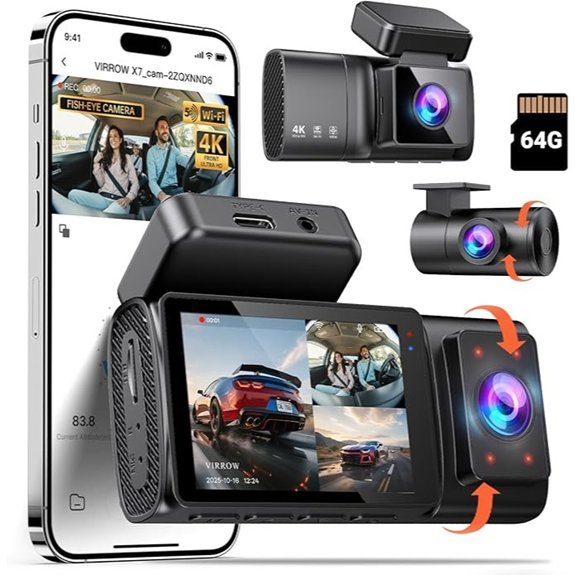 3 Channel Dash Cam with 64GB Card and WiFi