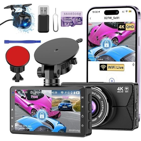 4K WiFi Dash Cam Front and Rear with 64GB Card