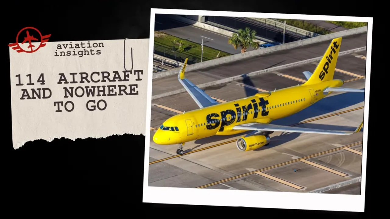 Graphic card showing a Spirit aircraft parked with text saying 114 aircraft and nowhere to go