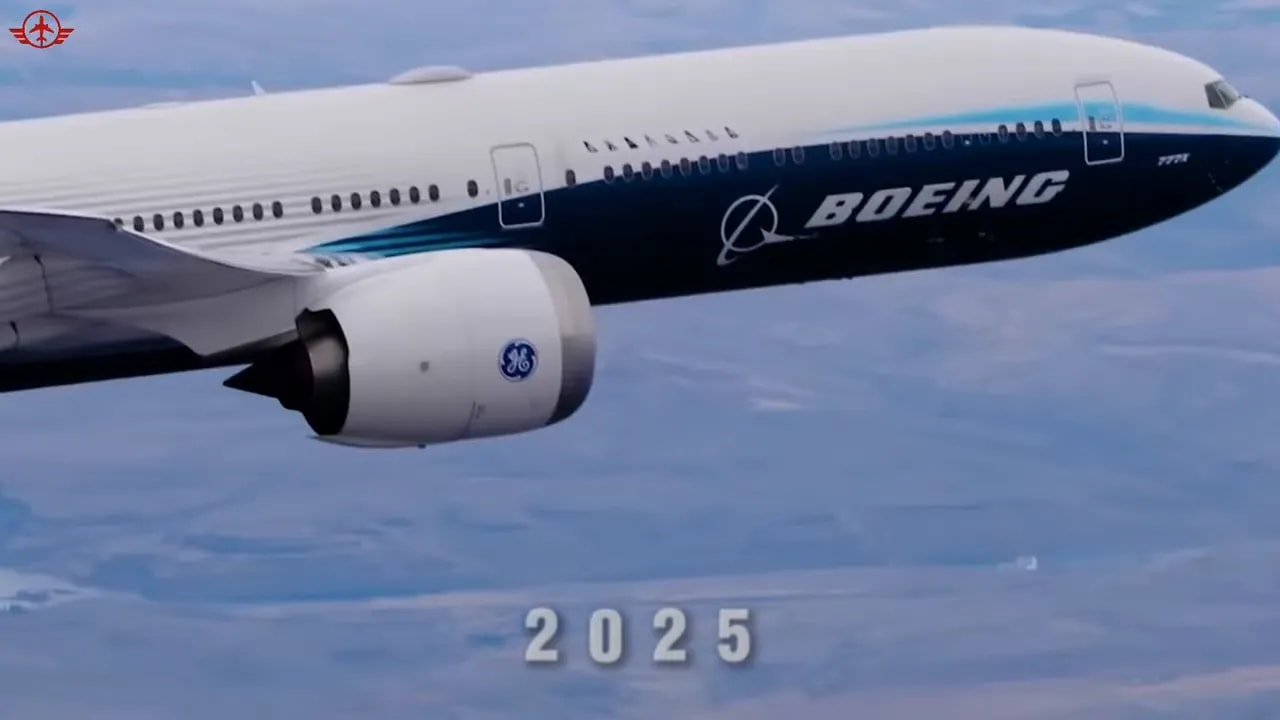 boeing aircraft in flight with large 2025 text on screen