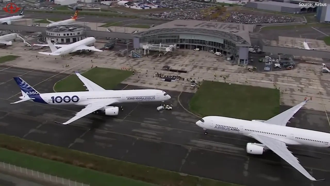 Aerial view of two Airbus A350 test aircraft parked near factory buildings