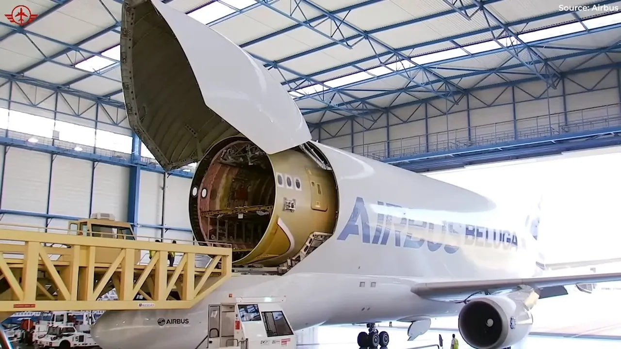 Airbus A350 fuselage section inside hangar with open tail end