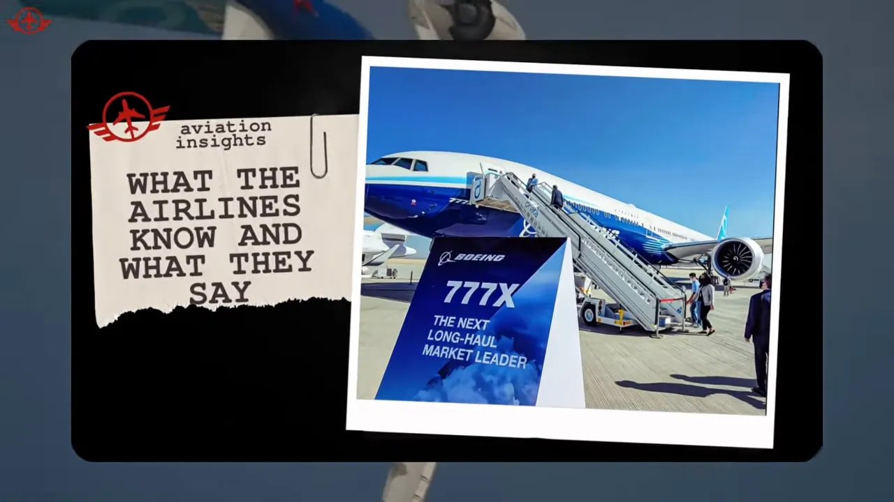 title card with 777X display sign beside stairs and text about what airlines know and say