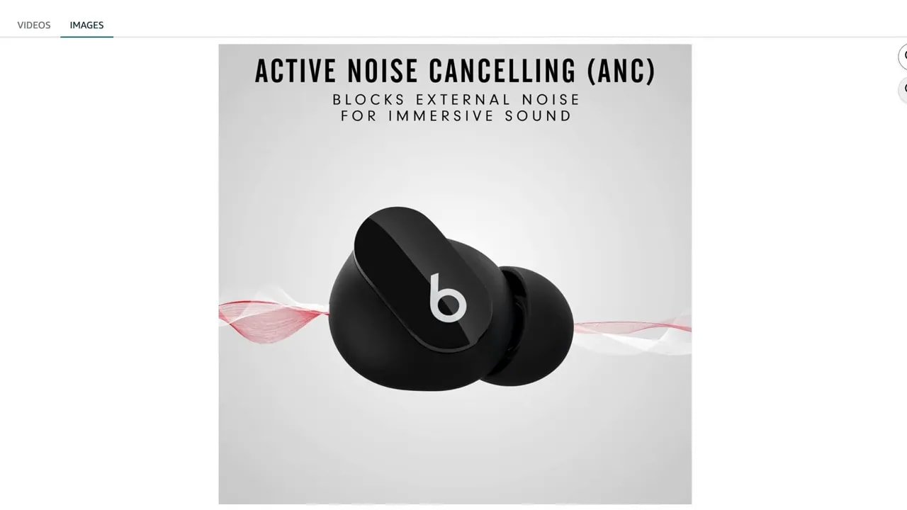 Single Beats earbud with text about active noise cancelling