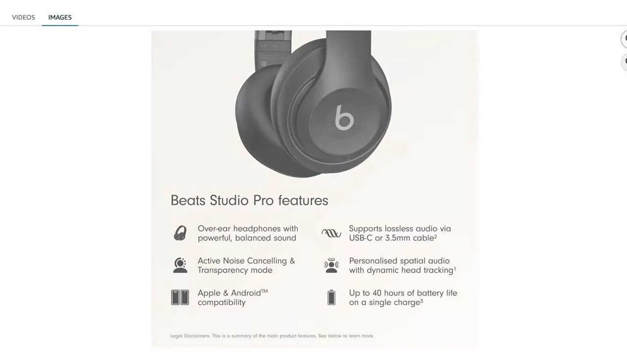 Beats Studio Pro feature card listing personalized spatial audio active noise cancelling transparency mode and battery life