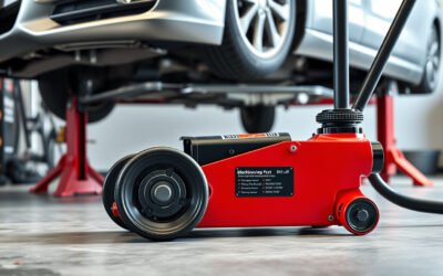 Red-and-black Blackhawk B6350 floor jack beneath a sedan safely supported by jack stands in a garage.