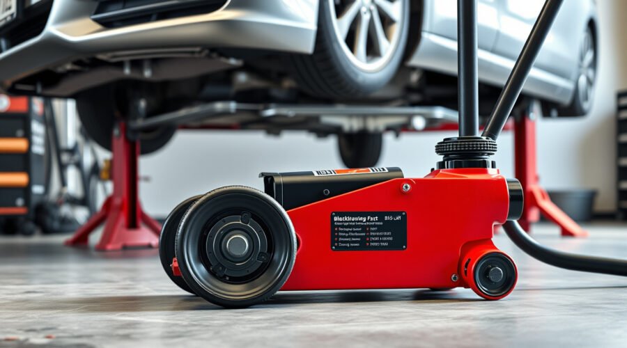 Red-and-black Blackhawk B6350 floor jack beneath a sedan safely supported by jack stands in a garage.