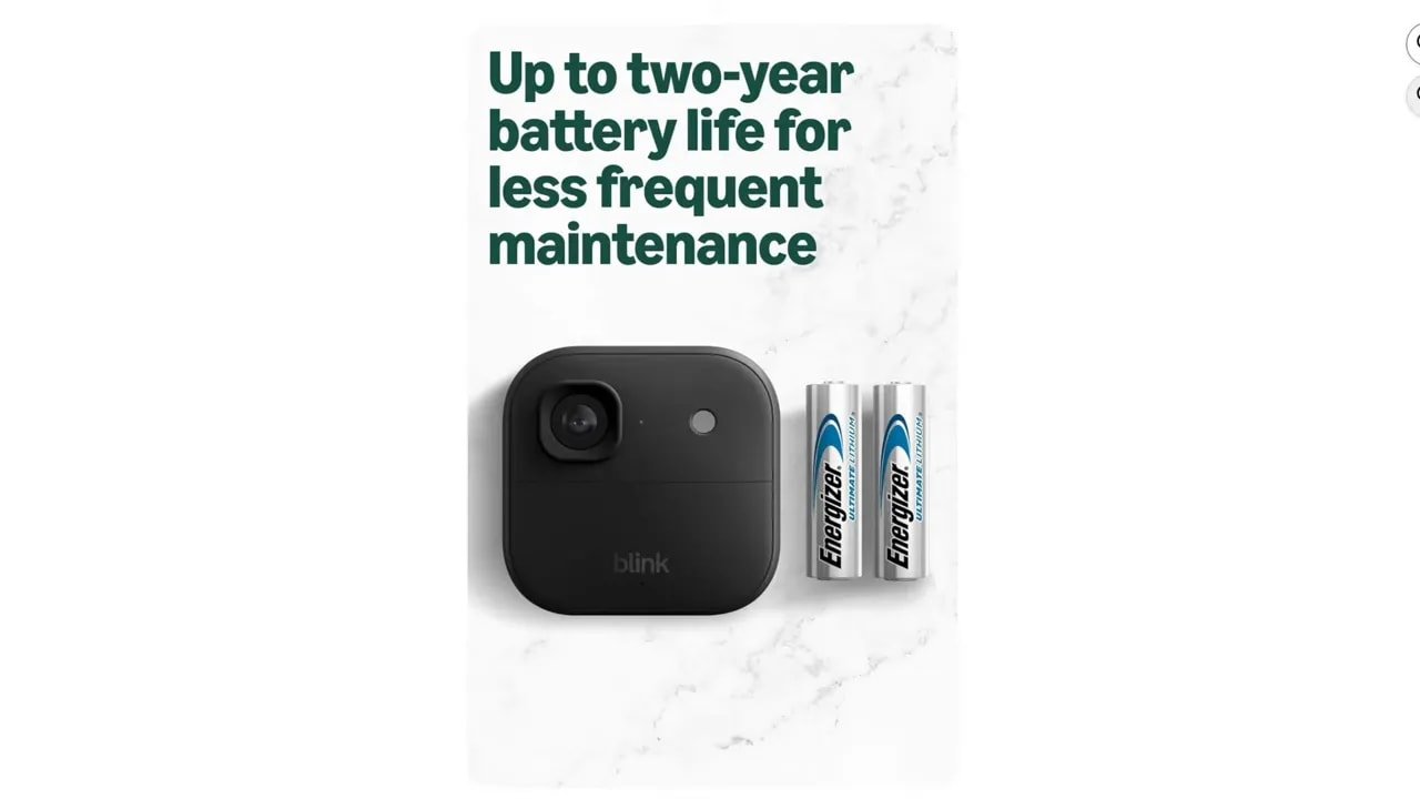 Blink Outdoor 2K camera shown beside two batteries with text about up to two-year battery life