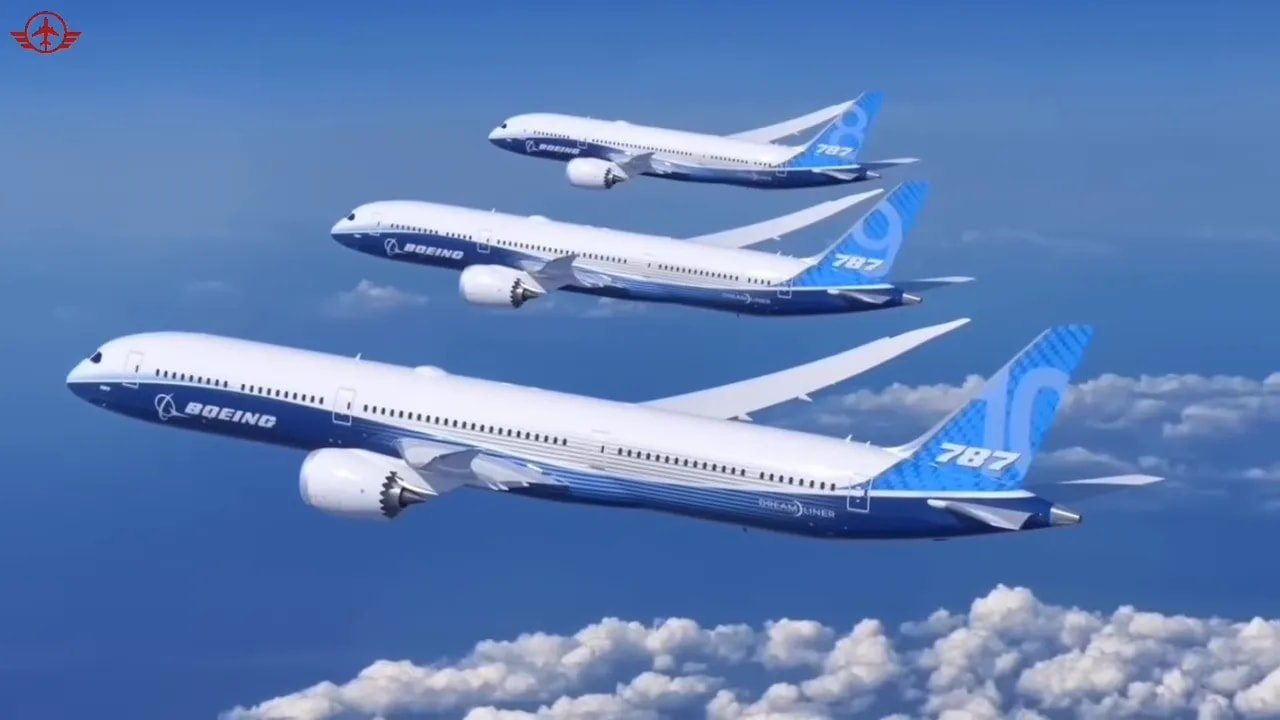 Three Boeing aircraft models flying in formation above clouds