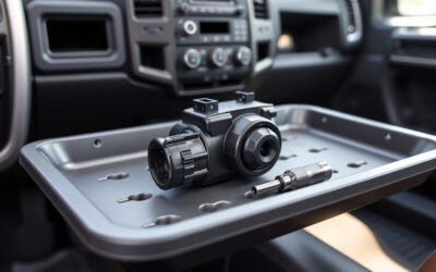 Dorman HVAC blend door actuator on a mechanic’s tray beside an exposed Dodge truck dashboard.