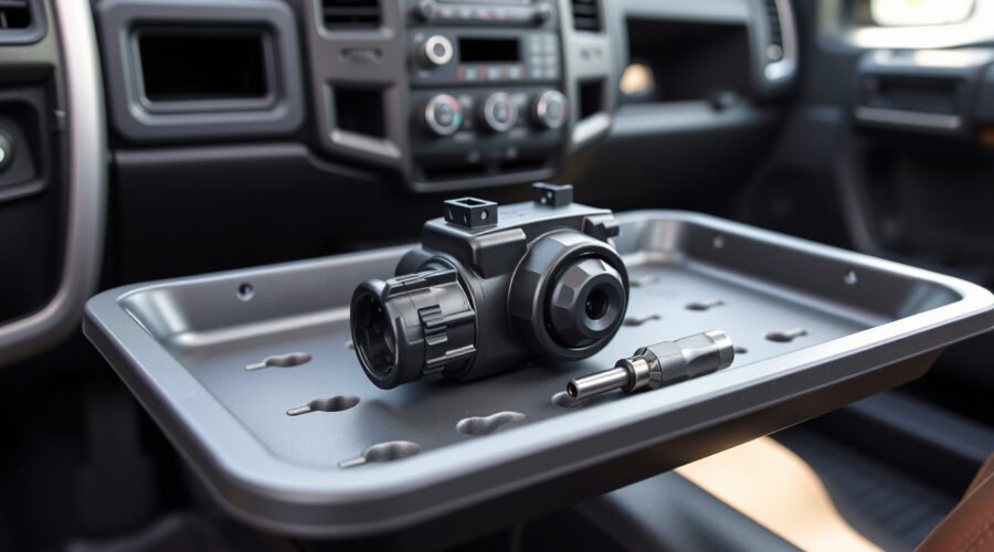 Dorman HVAC blend door actuator on a mechanic’s tray beside an exposed Dodge truck dashboard.