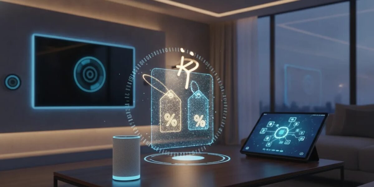 Futuristic smart home scene with glowing holographic deal icons representing early Prime Day tech discounts