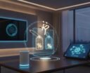 Futuristic smart home scene with glowing holographic deal icons representing early Prime Day tech discounts
