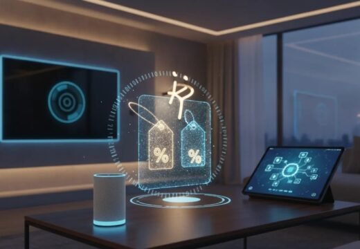 Futuristic smart home scene with glowing holographic deal icons representing early Prime Day tech discounts
