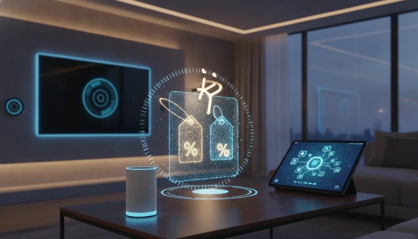 Futuristic smart home scene with glowing holographic deal icons representing early Prime Day tech discounts